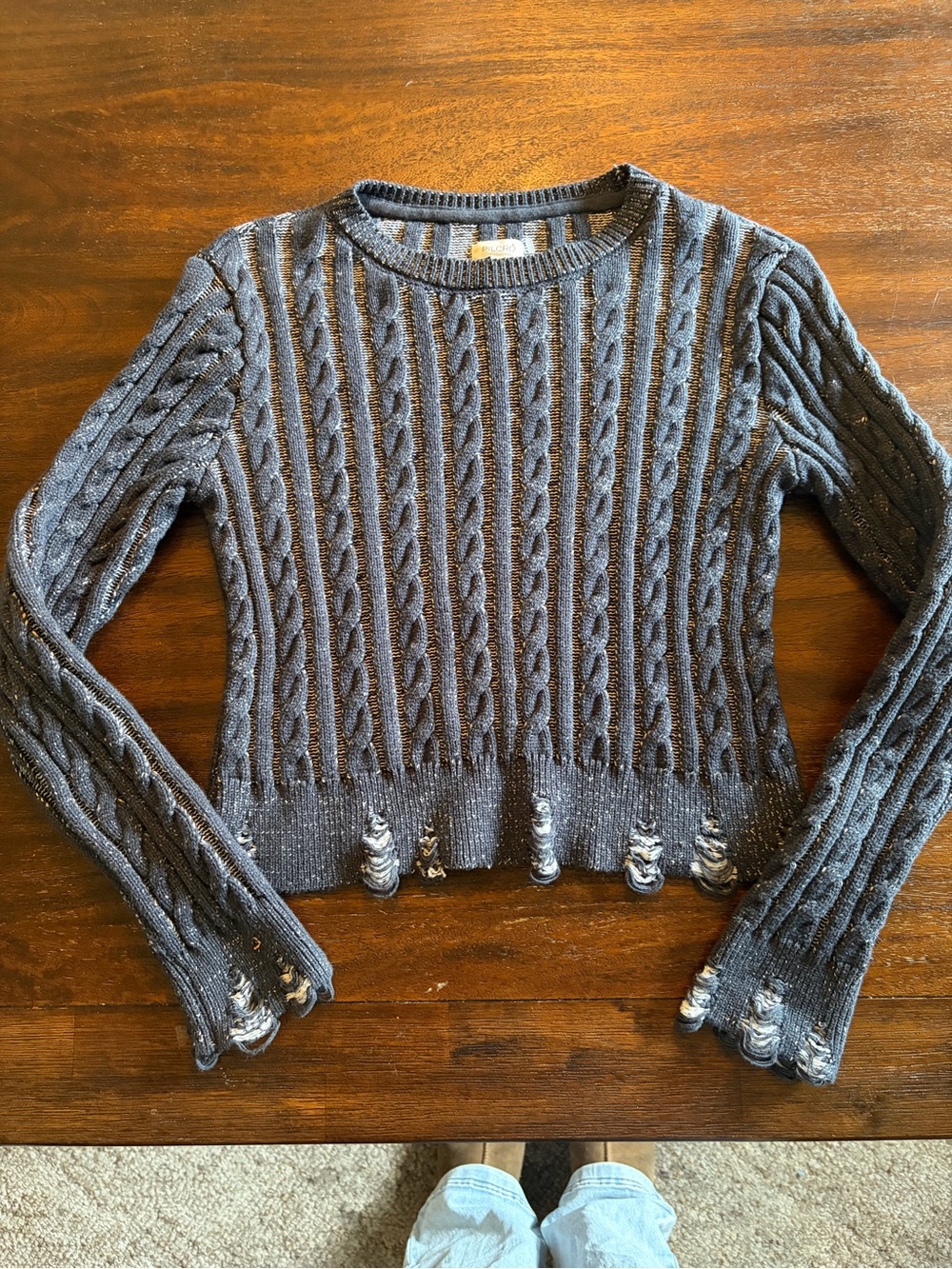 Pilcro Anthropologie gray Cable Knit Distressed Cropped Sweater Size S Grunge